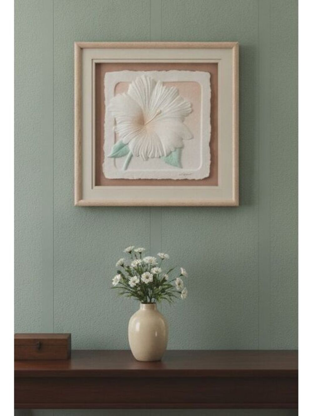 Vintage Framed Hand-Cast Paper Sculpture Hibiscus Artist Signed Wess Smith